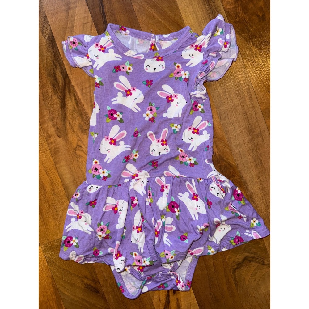 Little Bum Bums Purple Bunny Floral Bamboo Flutter‎ Sleeve Dress Romper 18-24M